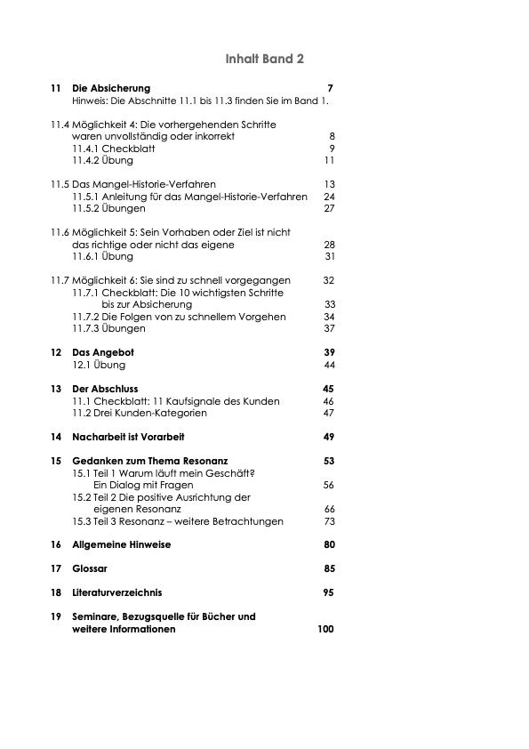 Inhaltsverzeichnis des Buchs, Anatomie des Verkaufens: Hintergründe und Anwendungen Band 2