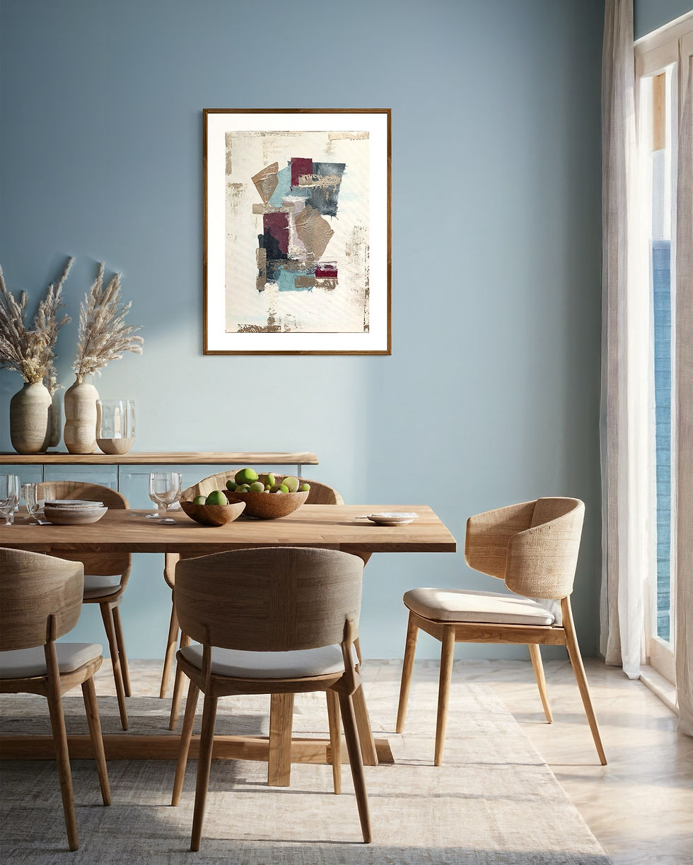 Miniaturbild: Gemälde an der Wand, Holztisch, und Stühle in einem modernen Esszimmer-Veredelt.