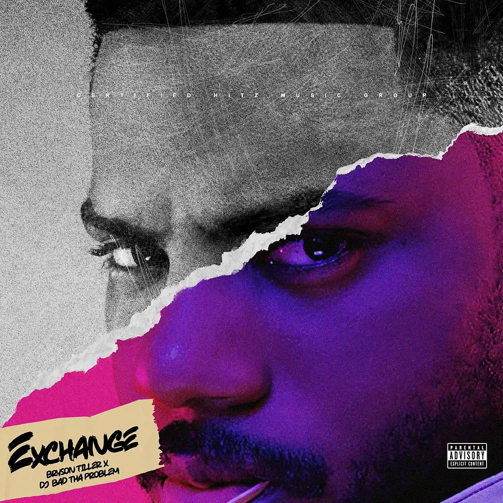 Torn-paper collage cover art showing a close-up side profile of  Bryson Tiller’s face split between grainy black-and-white and vibrant purple-pink tones. Scratched textures and heavy film grain overlay the image, while a beige label reads ‘Exchange’ with artist credits to Bryson Tiller and DJ BAD THA PROBLEM.