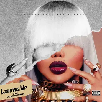 Lil Kim with silver hair, dark lipstick, and heavy jewelry, with bold text reading “Lighters Up" and DJ BAD TH A PROBLEM.