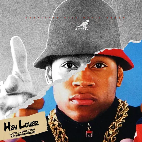LL Cool J wearing a bucket hat and gold chains, with a torn design splitting the image into black-and-white on the top and color on the bottom. The title Hey Lover appears on a beige torn-paper label, credited to LL Cool J, Boyz II Men, and DJ Bad Tha Problem, with a parental advisory warning in the corner.