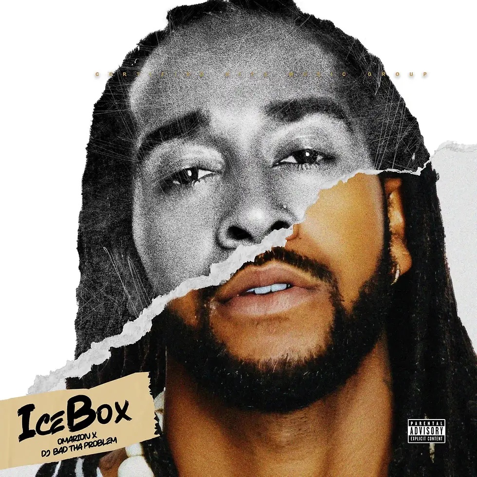 Torn-paper collage cover art showing a close-up of Omarion with braided hair and a beard, his face split between grainy black-and-white and warm color tones. Scratched textures and heavy film grain overlay the image, while a beige label reads ‘Ice Box’ with mash-up artist credits "Omarion and DJ BAD THA PROBLEM.