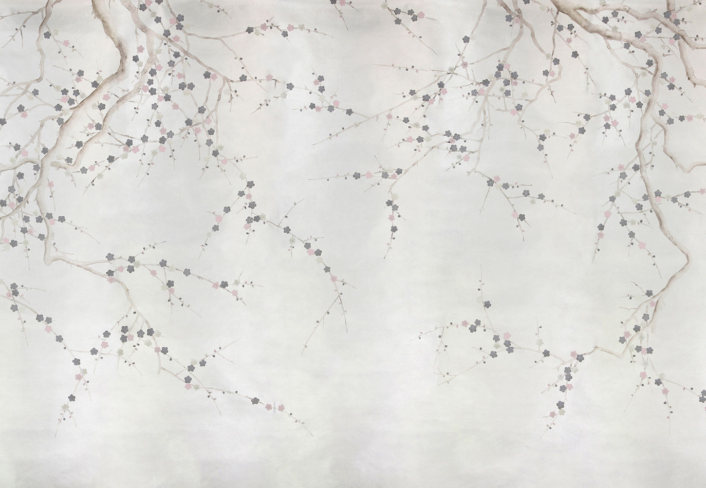 Hand Painted Wallpaper of Plum Blossom in Special Colourway SC-233 on Sterling Silver gilded paper