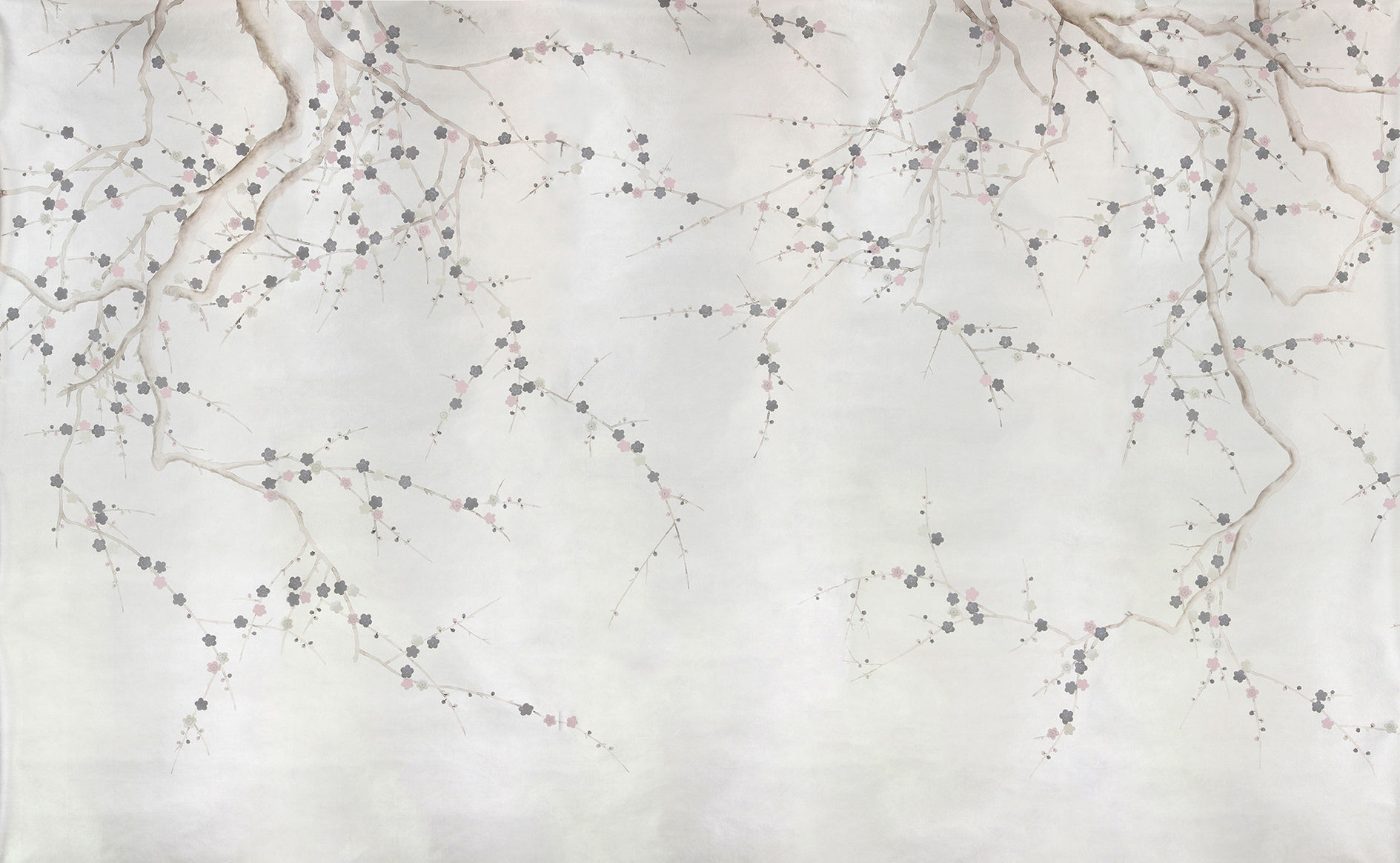 Hand Painted Wallpaper of Plum Blossom in Special Colourway SC-233 on Sterling Silver gilded paper