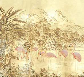 degournay wallpaper  of Flamingos in Flamingo on Deep Rich Gold gilded paper