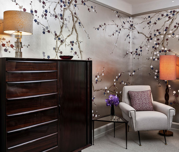 Hand Painted Wallpaper of Plum Blossom in Lavender design colours on Tarnished Silver gilded paper