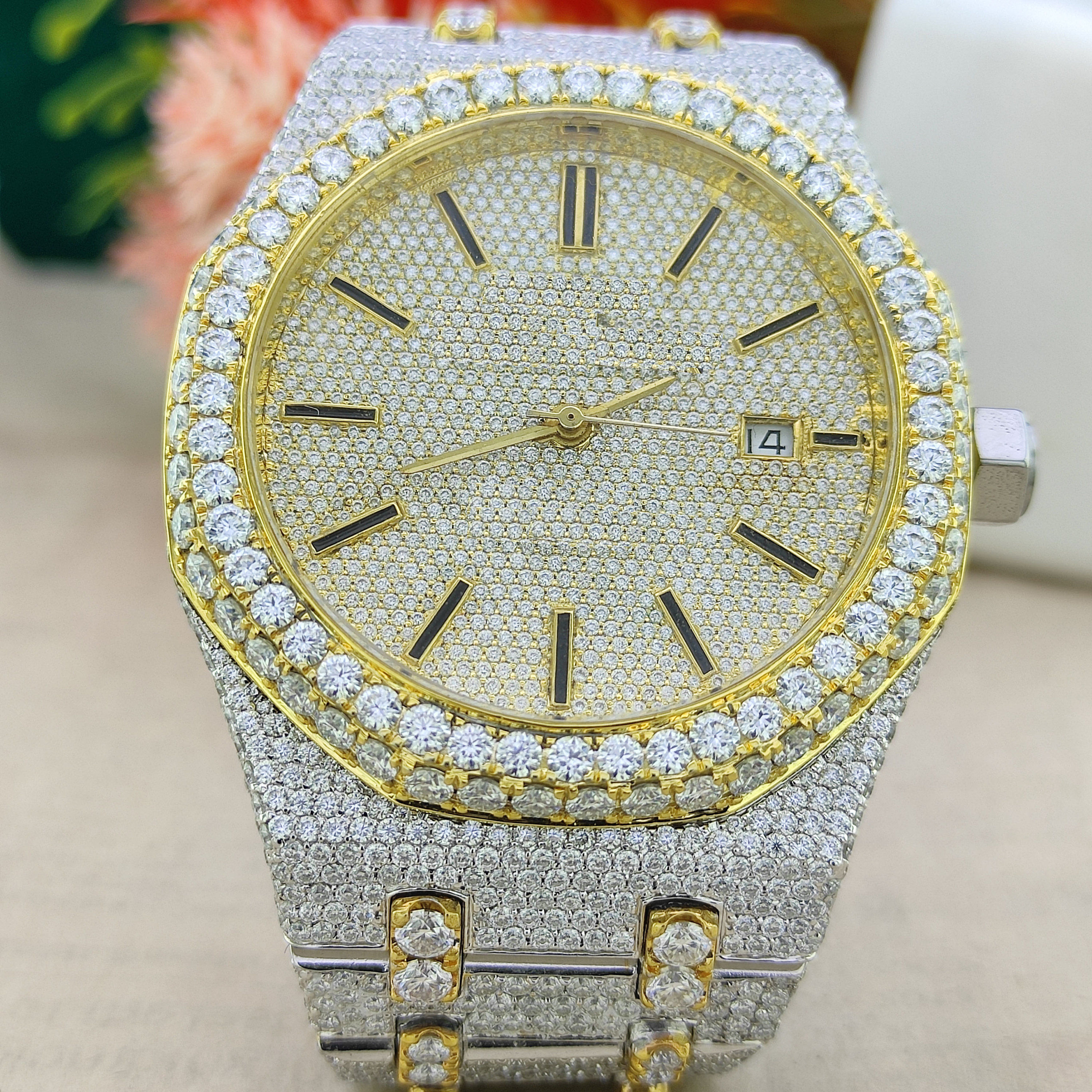 Dual Tone Iced Out Watch ,Moissanite Swiss ETA Iced Out Watch, Hip Hop Watc