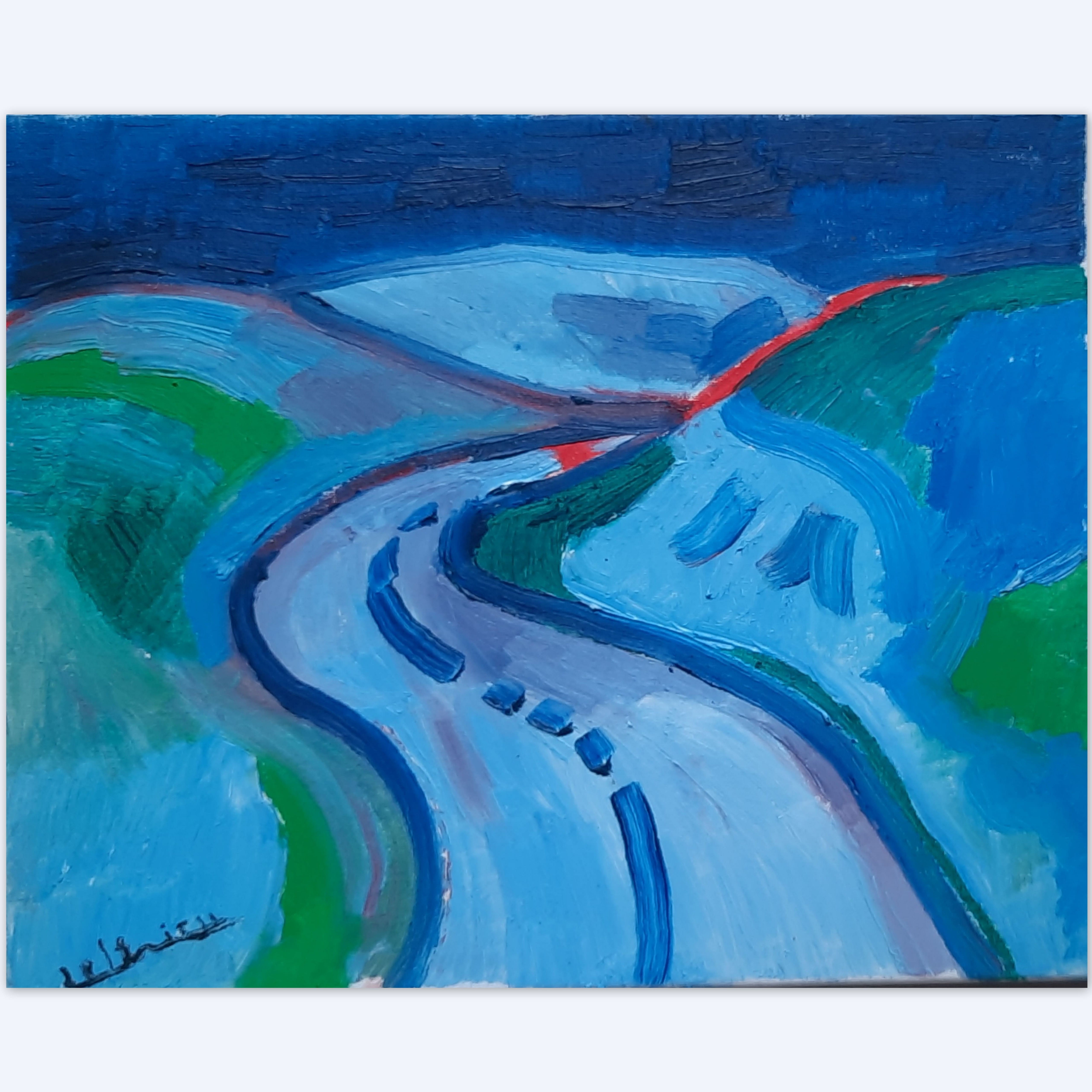 DELTRIEU François (1981-)  "Route de nuit" Huile/Toile sig