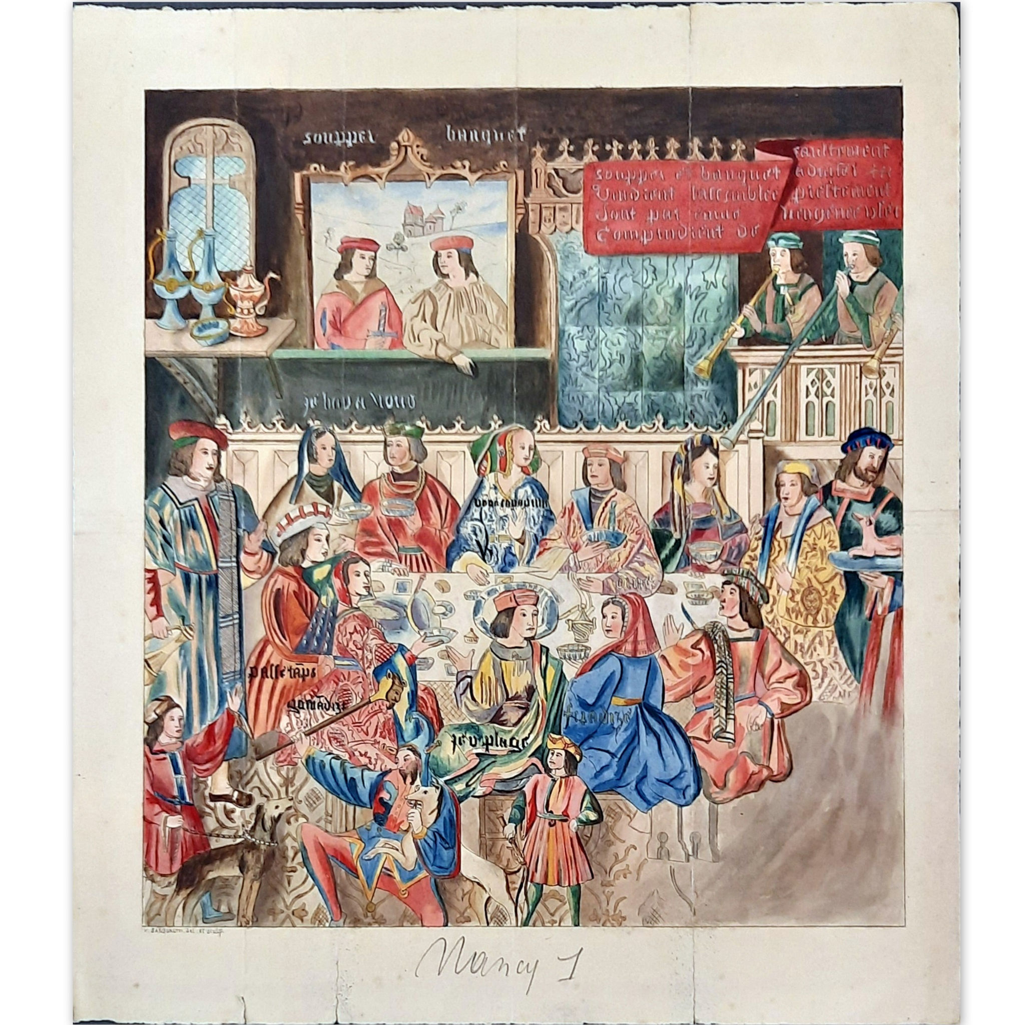 V. de SANSONETTI (XIXe)  "Scène de banquet"  Aquarelle Signée