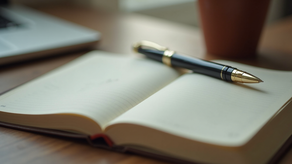 High angle view of a journal and pen on a wooden table