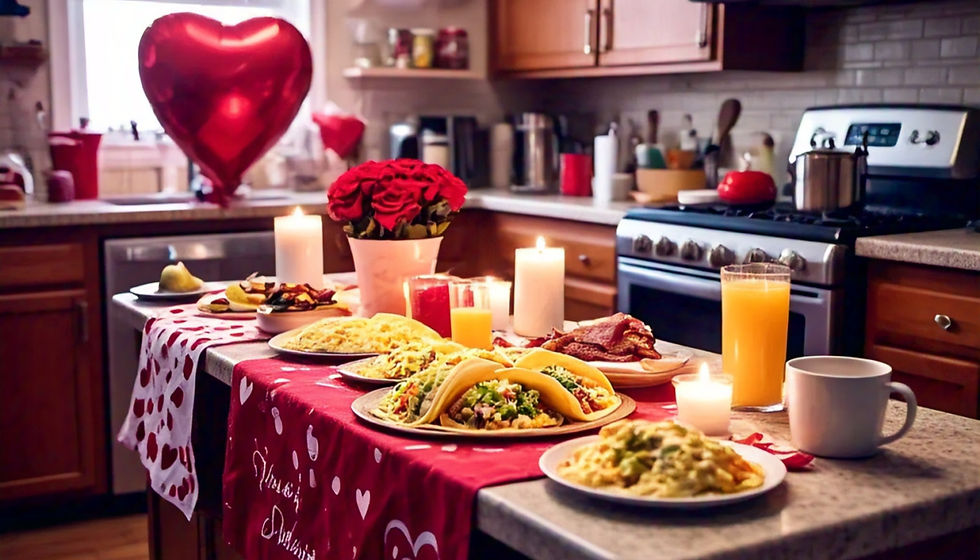 Valentine's breakfast in a cozy kitchen with tacos, scrambled eggs, bacon, orange juice, roses, candles, and heart-themed decor.