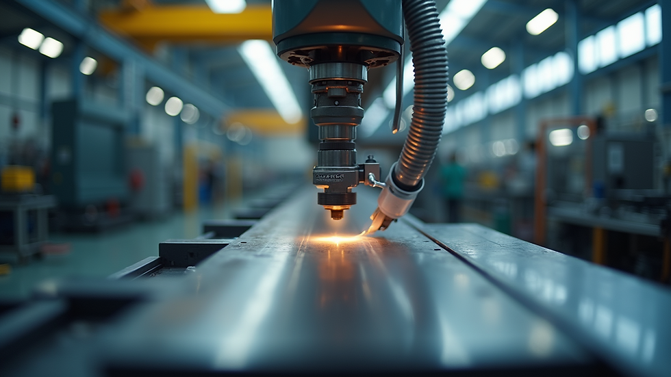 Eye-level view of a stretch forming machine in an aerospace manufacturing facility