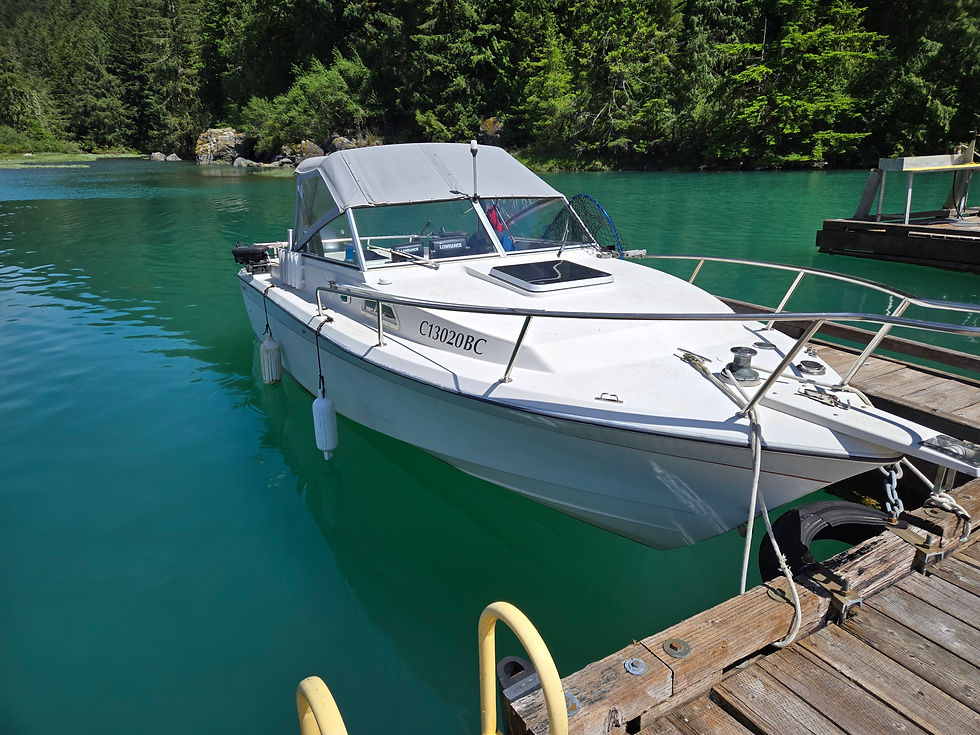 Small white powerboat docked in clear turquoise water.