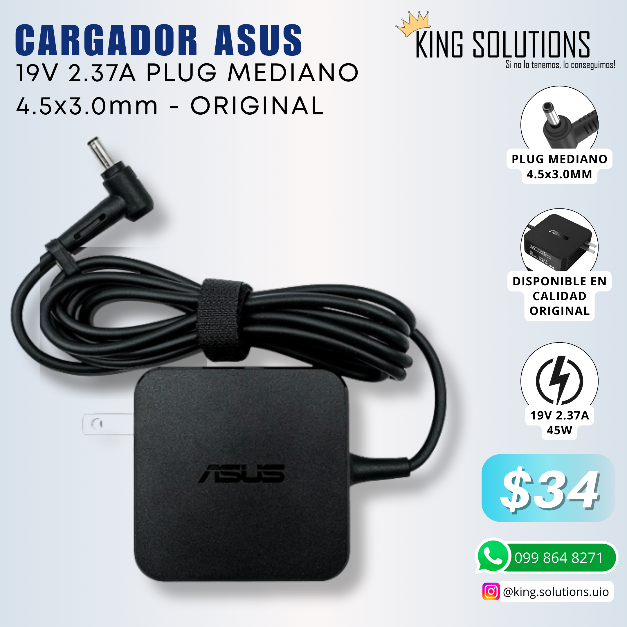 CARGADOR ASUS 19V 2.37A 4.5x3.0MM PLUG MEDIANO - ORIGINAL