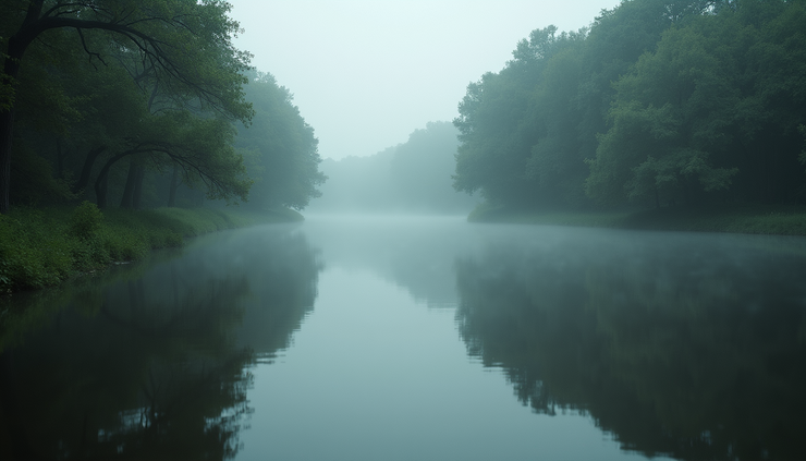 Eye-level view of a foggy Texas bayou with dense trees lining the waterway