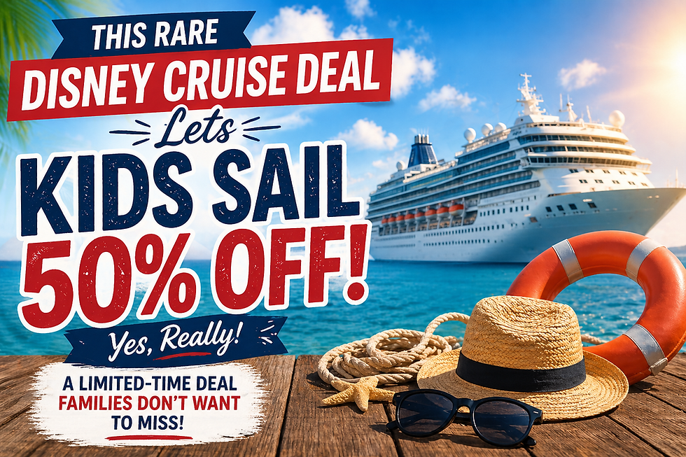 Cruise ship in blue sea. Straw hat, sunglasses, starfish, and lifebuoy on deck. Text: Disney Cruise deal, kids sail 50% off, limited-time.