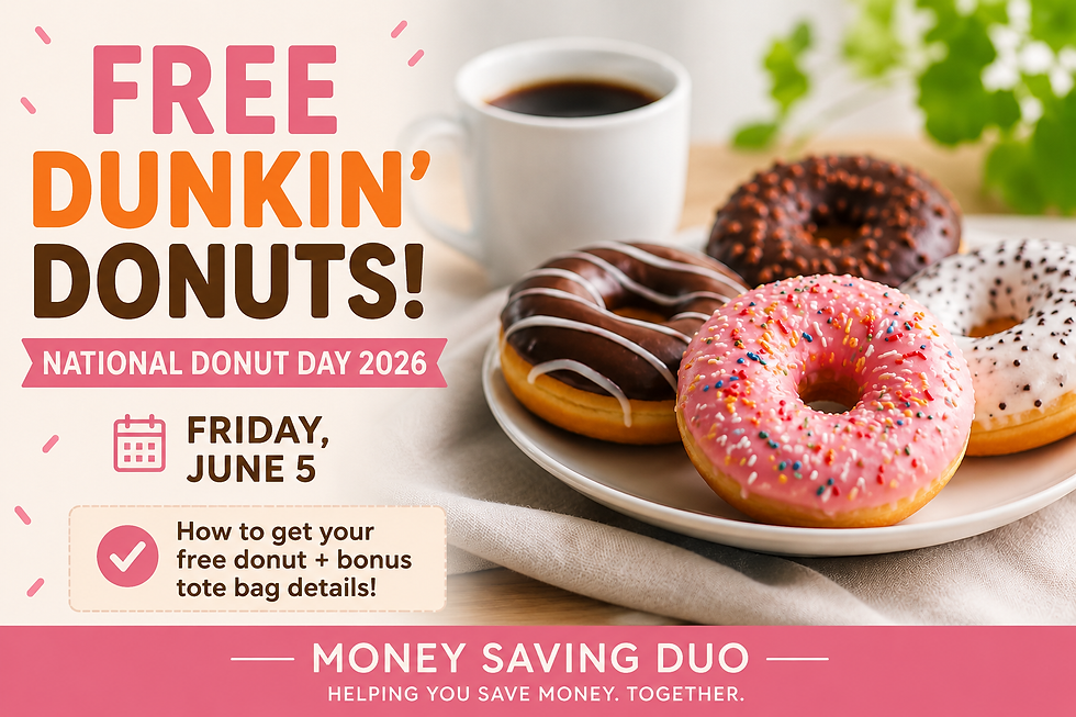 Dunkin' donuts ad with coffee and four donuts on a plate, promoting Free Donuts for National Donut Day 2026, Friday, June 5.