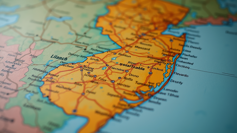 High angle view of a New Jersey state map with firearm laws highlighted