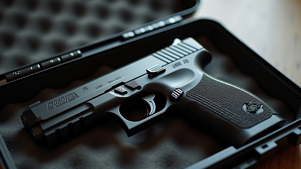 Eye-level view of a handgun resting safely in a locked case