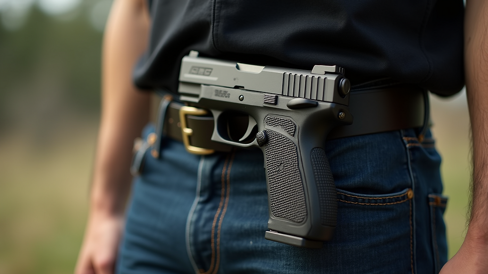 Eye-level view of a handgun holstered on a belt