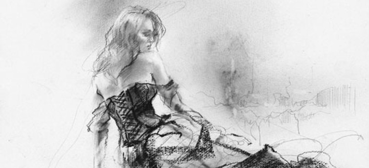 A charcoal drawing of a woman lounging