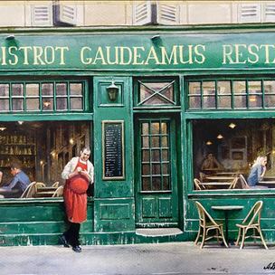 French restaurant with a dark green exterior building and a waiter standing outside