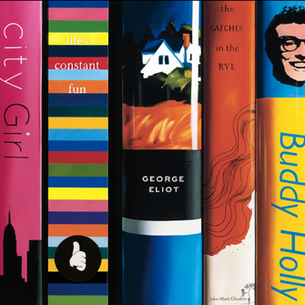 Charles Schulz, city girl, Buddy Holly, Robert Frost book spines