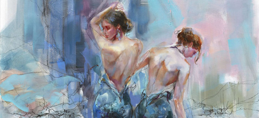 Portrait of two women in blue dresses