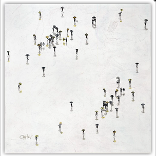 A painting of tiny people with umbrellas scattered on the canvas