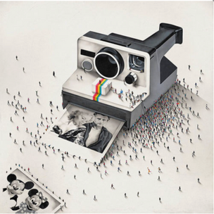 A painting of a polaroid camera with photos of james Dean, Marilyn Monroe, Minny mouse and Mickey Mouse made up of tiny people.