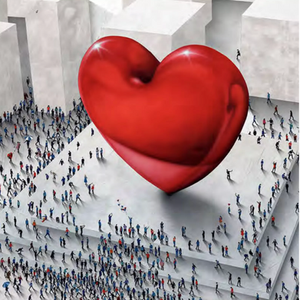 Giant red heart with little people down below