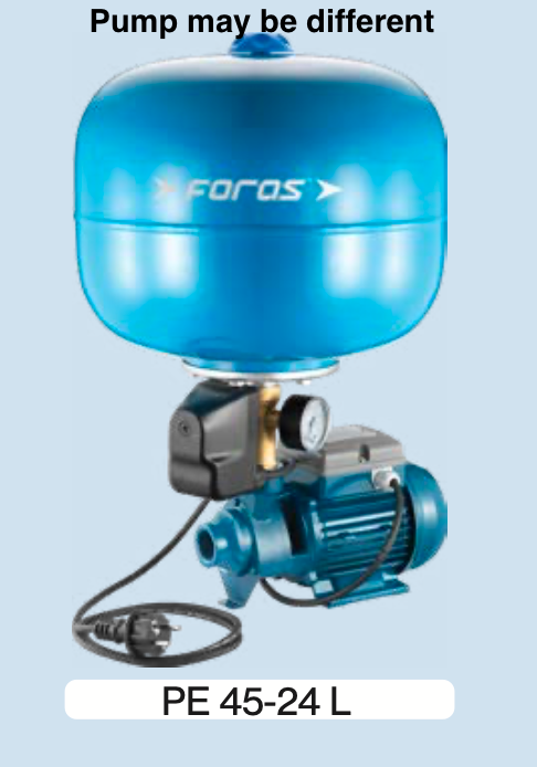 Thumbnail: JAM200 pump with vertical blue pressure vessel mounted on turquoise motor unit showing pressure gauge and power cord