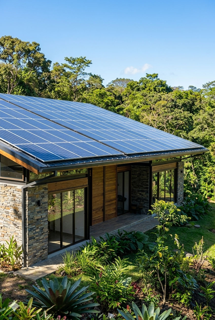 Fachada de casa residencial moderna equipada con paneles solares fotovoltaicos en el techo y rodeada de vegetación.