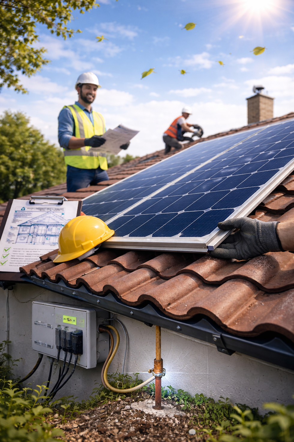 Instaladores profesionales de DIME colocando paneles solares sobre un techo de tejas, siguiendo protocolos de seguridad y diseño estructural.