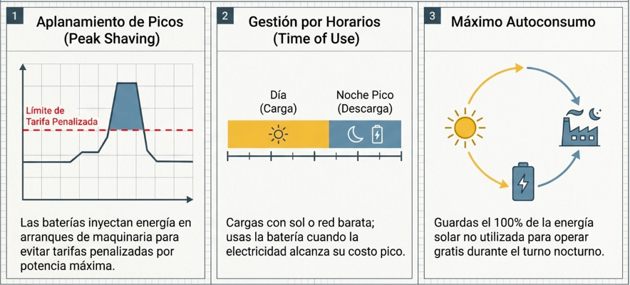 Gráfica explicativa de aplanamiento de picos, gestión por horarios y máximo autoconsumo para sistemas de baterías industriales.