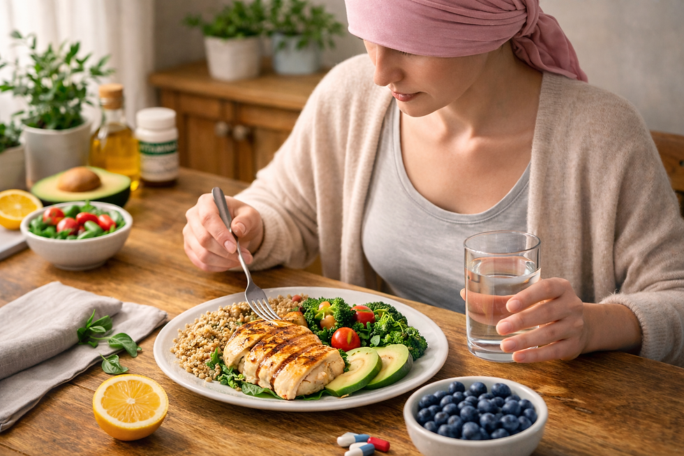 Plato con alimentos saludables para fortalecer defensas durante radioterapia.