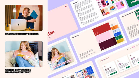 Brand designer Eloise Corke and copywriter Sarah Ellis collaboration showing brand presentation slides with colour palettes, mood boards, and messaging framework for The Proper Copy Studio