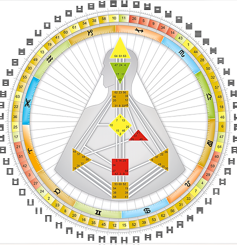 De Human Design mandala met hexagrammen rond de lichaamsgrafiek.