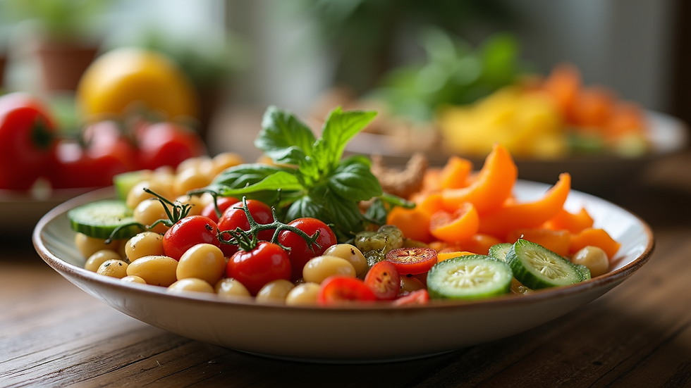 Close-up view of a healthy meal with colorful vegetables