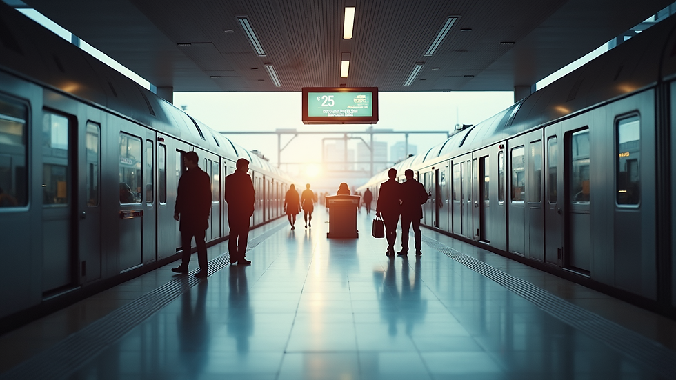 Eye-level view of a sleek modern train station with passengers