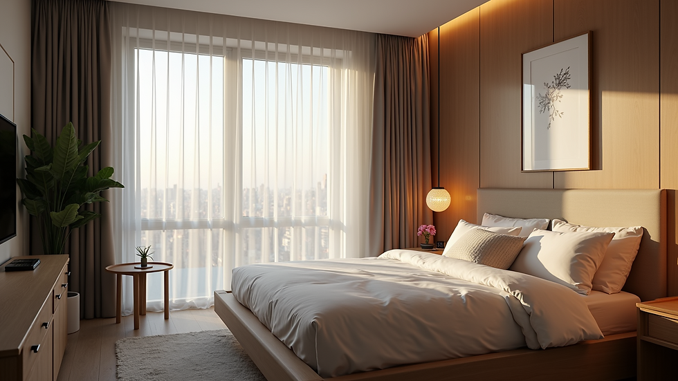 Eye-level view of a cozy smart bedroom with automated settings