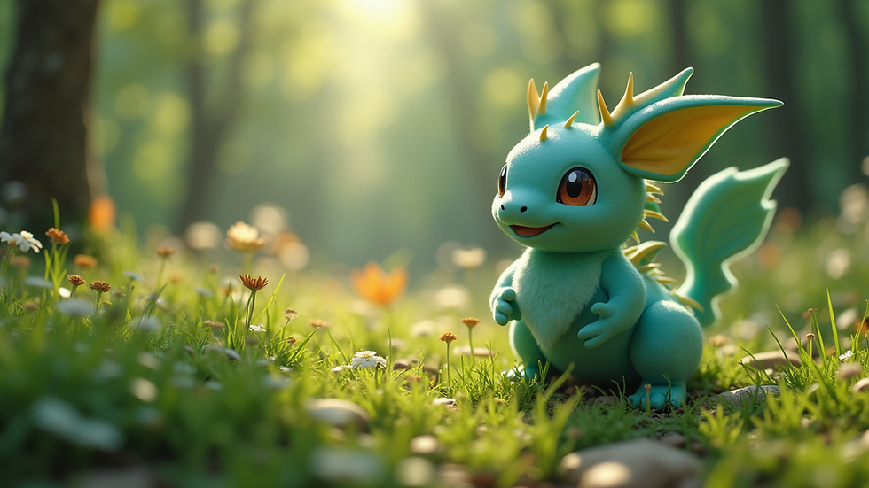 Eye-level view of a mythical Pokémon in a natural habitat