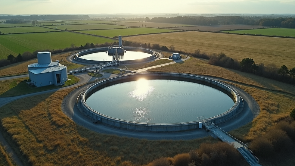 High angle view of a modern water treatment facility in a rural setting