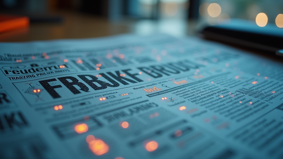 Close-up view of a newspaper headline surrounded by artificial intelligence-themed graphics