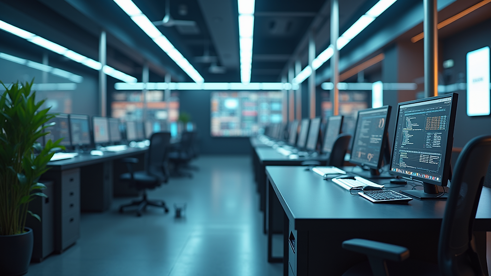 Wide angle view of a futuristic digital workspace