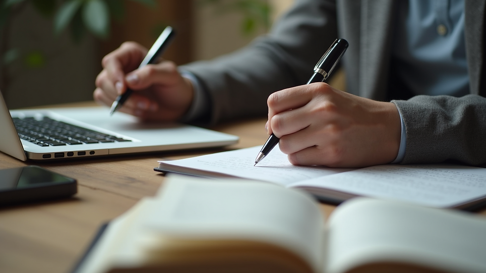 Close-up view of a person writing notes while researching with books and laptop