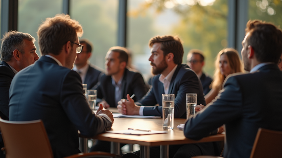 Wide angle view of a public forum with citizens engaging in discussion