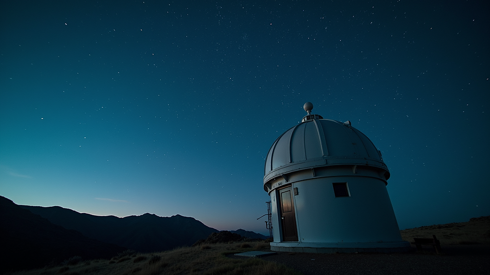 Wide angle view of a telescope dome under a starry night sky