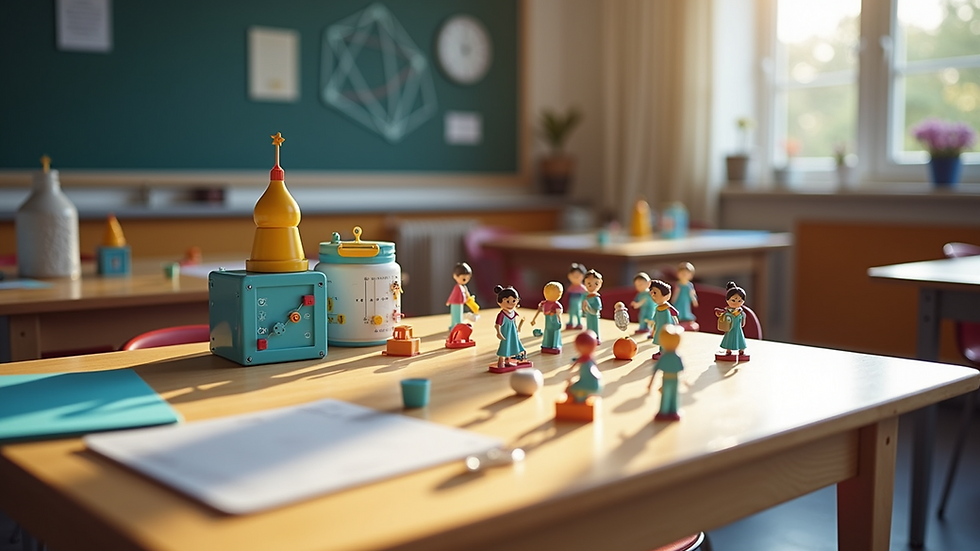 High angle view of educational STEM kits arranged on a classroom table