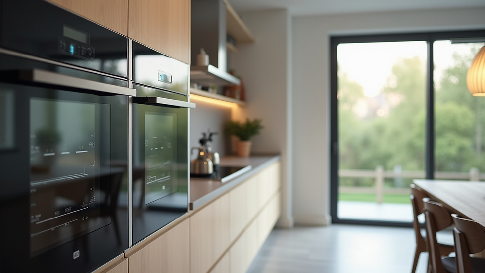 Eye-level view of modern kitchen with smart appliances